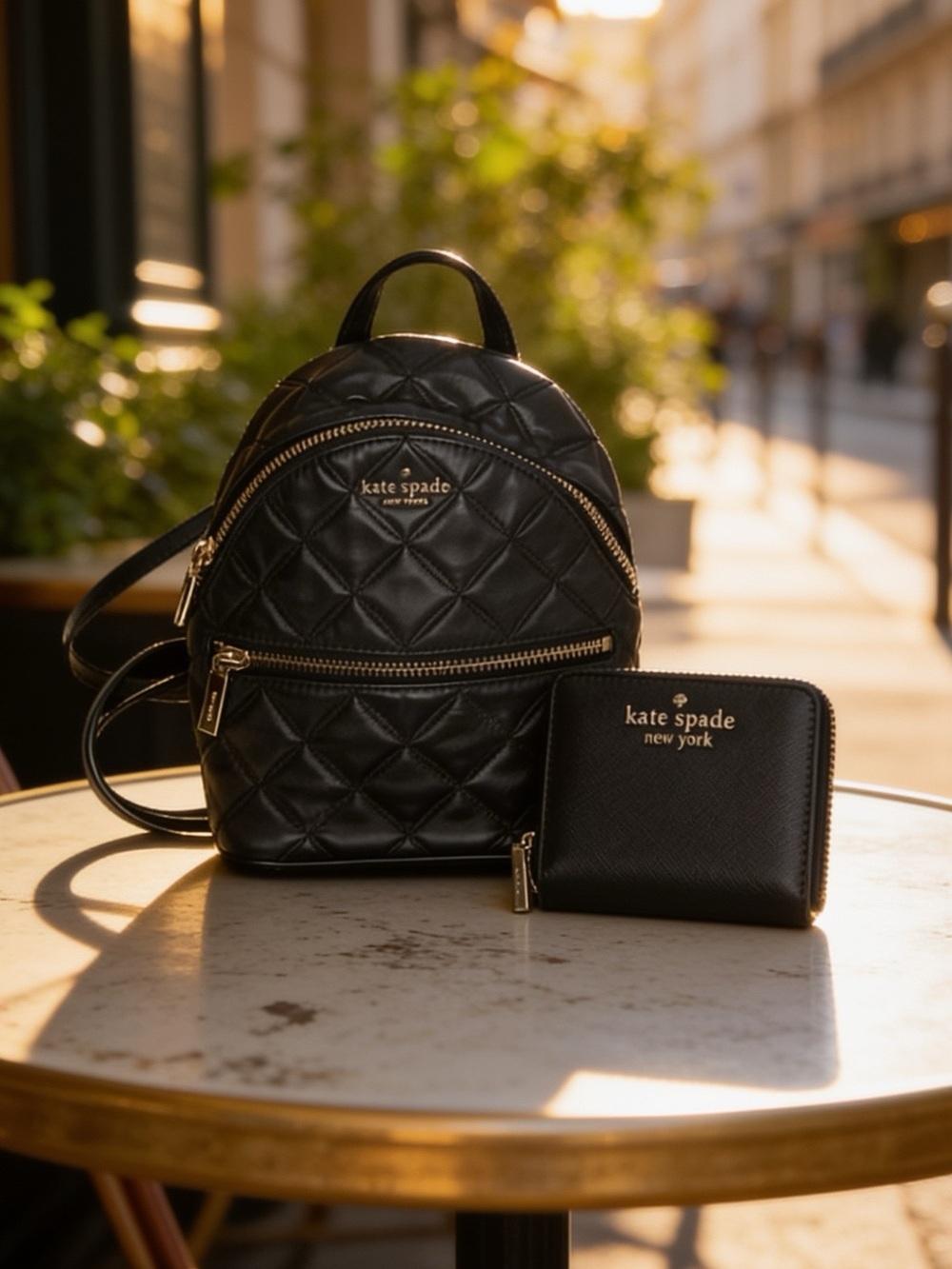 kate spade Black Quilted Leather Mini Backpack with Matching Zip Wallet EUC